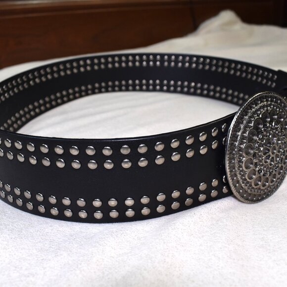 Black Studded Lambskin Leather Wide Belt Round Buckle Women’s XL - Picture 3 of 10